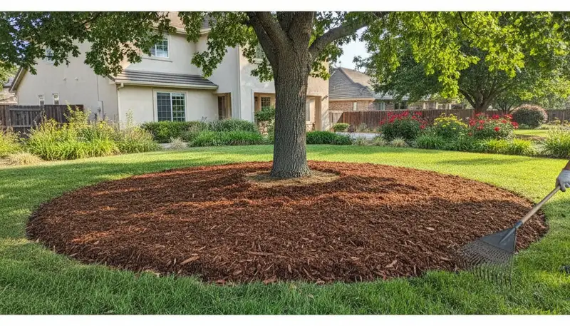 Professional tree ring mulching around a tree base by Chop Chop Landscaping in Stockton, CA