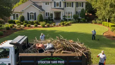Crew hauling branches and yard waste during professional debris removal in Stockton, CA