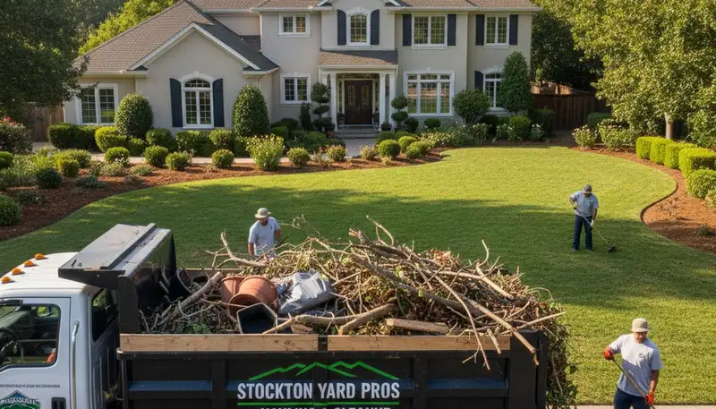 Crew hauling branches and yard waste during professional debris removal in Stockton, CA