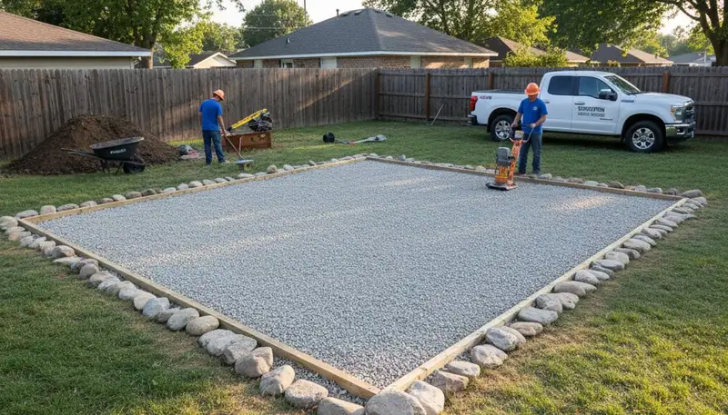Shed foundation base prep with gravel and drainage by landscapers in Stockton, CA