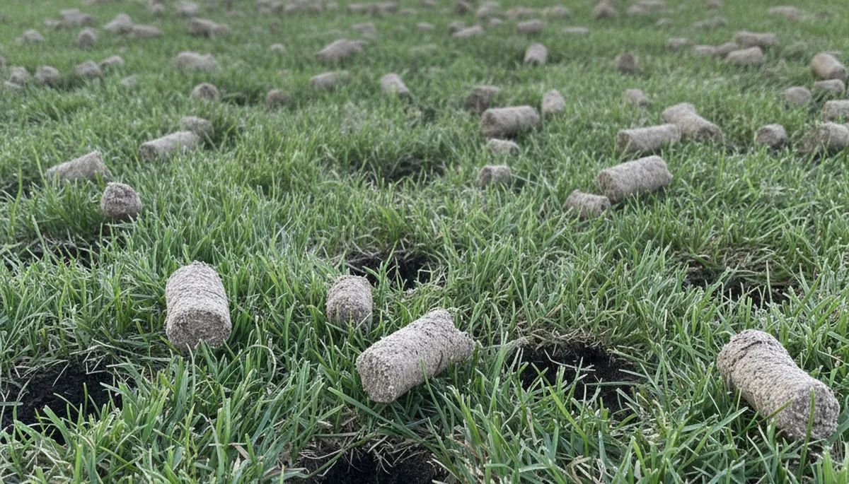 Close-up of soil core plugs after lawn aeration on a Stockton, CA lawn by Chop Chop Landscaping