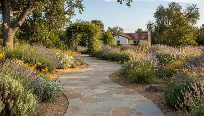 Curved stone paver walkway in a landscaped Stockton, CA yard by Chop Chop Landscaping